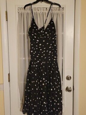 LOFT Black Midi Dress with White Polka Dots